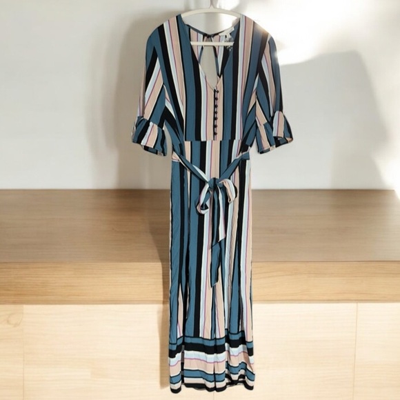 NWT XL Romper Jumpsuit ruffle sleeves wide leg Teal pink black Wedding - Picture 1 of 8